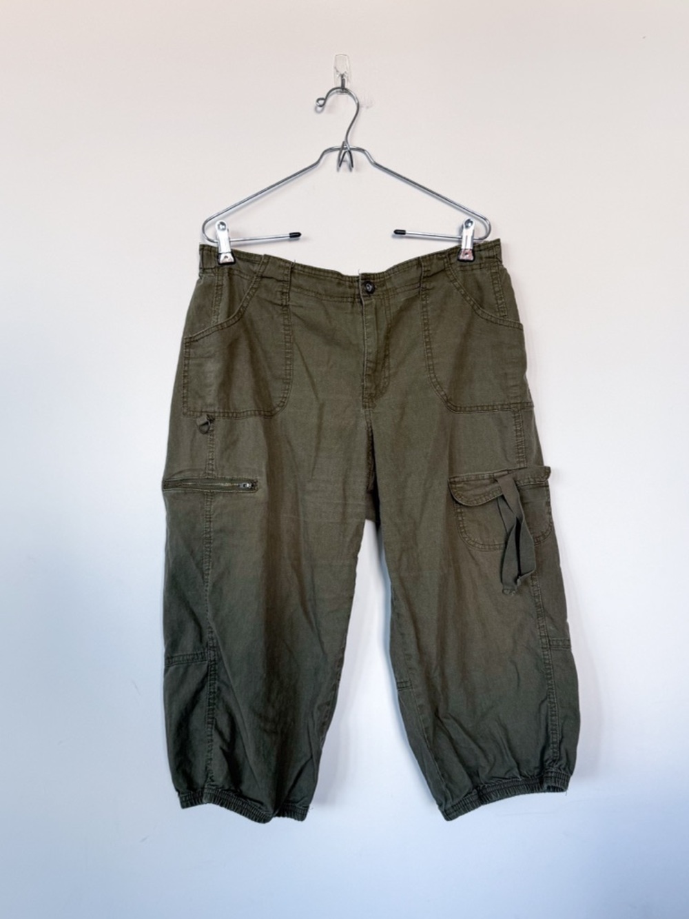 VTG Vintage Fashion Bug Utility Cargo Capri Jorts Pants Green Military Y2K
